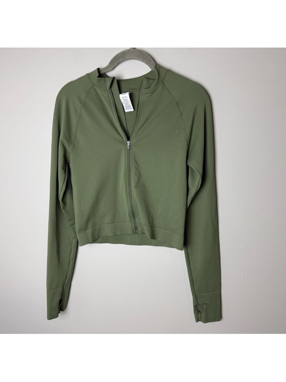 Joy Lab Athletic Crop Top Size Small Full Zip Thumb Holes Stretch Sage Green - Picture 2 of 6